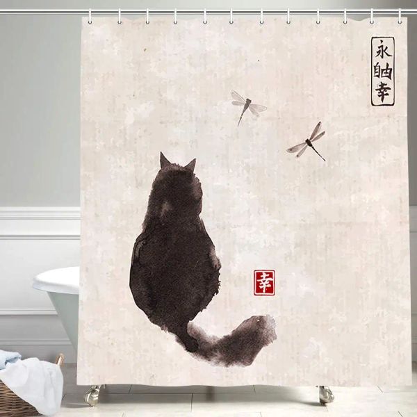 Définir le rideau de douche de la peinture à l'encre japonaise traditionnelle, des libellules de chat noir sur des rideaux de salle de bain en tissu vintage