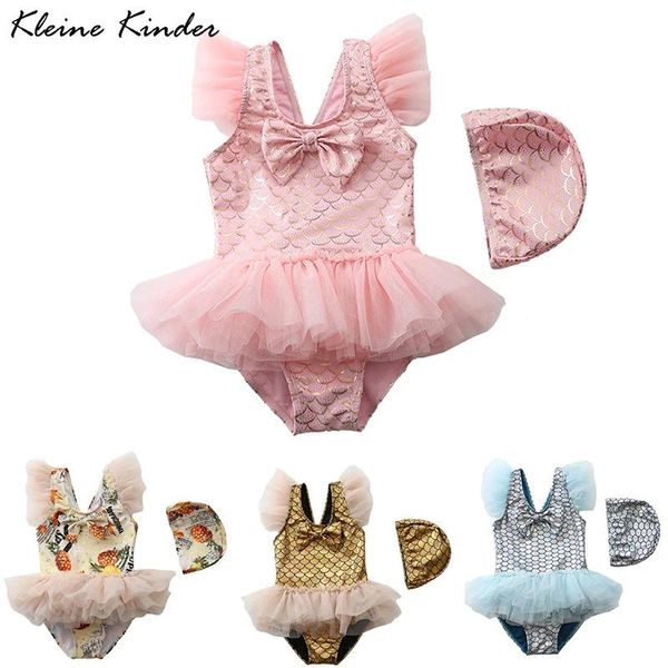 set Traje de baño para bebé Traje de baño de sirena con falda de encaje para niñas Traje de baño con manga voladora con lazo Traje de baño para niños de una pieza con gorro Bikini para niños