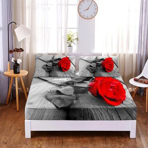 Ensemble de belles roses rouges 3PC Polyester Solid Fitted Mattret Cover Four Corners avec une feuille de lit de bande élastique (2 taies d'oreiller)