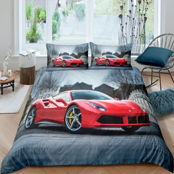 Ensemble de literie set 2 / 3pcs 3D Racing Car Imprimer de couette Couvre-couverture Polyester Couper couvercle d'oreiller Single Queen Twin King Size for Boys Men Sheer rideaux