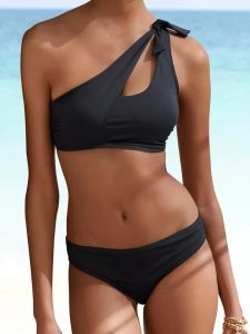 Set Bikini 2023 Nieuw zwempak Dames Swimwear Solid Black One Shoulder Bikini's Set Badpak Vrouwelijke twee stukken Strand Draag Biquini