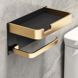 Establezca el baños de baño negro y dorado en el boldio y el soporte para el teléfono sin agujeros para una fácil instalación de elegantes accesorios de baño
