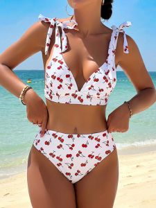 Set Black Cherry Print Bikini Set 2024 Femmes Strap Viette en V Push Up Up High Wiston Suit Cut Out Bathing Fssuid Two Piece Swimwear