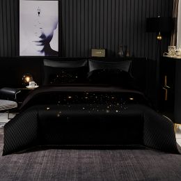 Set Black Luxury Bedding Juego de la cubierta de edredón 228x228 con funda de almohada, cubierta de edredón de 245x210, atmósfera de alta tumba extra grande Cortinas transparentes