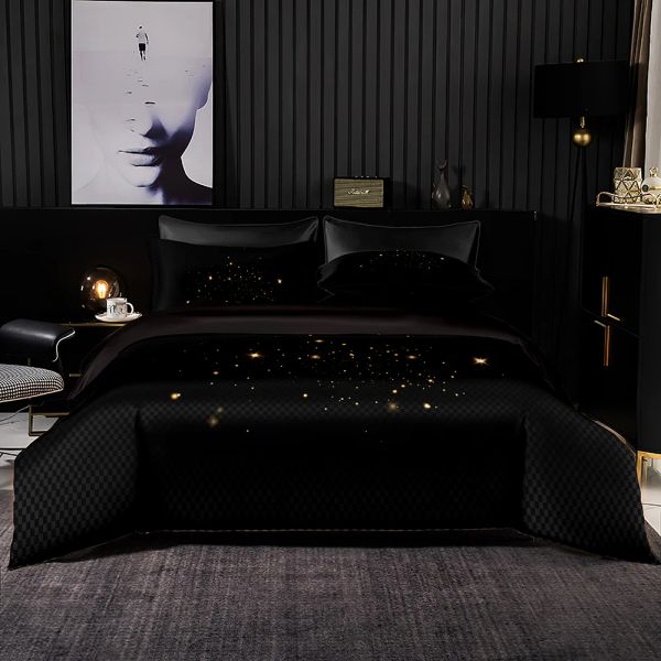 Ensemble de literie de luxe noire cover de couette 228x228 avec taie d'oreiller, couverture de courtepointe 245x210, atmosphère haute fin