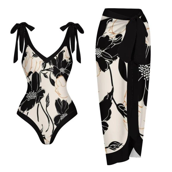 Set Black White Flower Print Deep Vneck Bikini Bow Strap Halter Sexy Swimsuit Plus taille Femme 2023 Pusts Fashion Summer