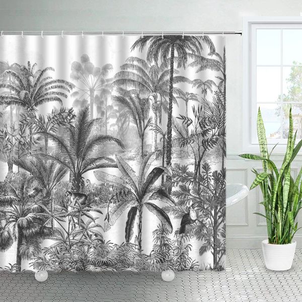 Set Noir Blanc Plantes tropicales Palmies Palmier rideaux de douche Jungle Paysage naturel Home Polyester Bath Curtain Ensembles de salle de bain décor de salle de bain