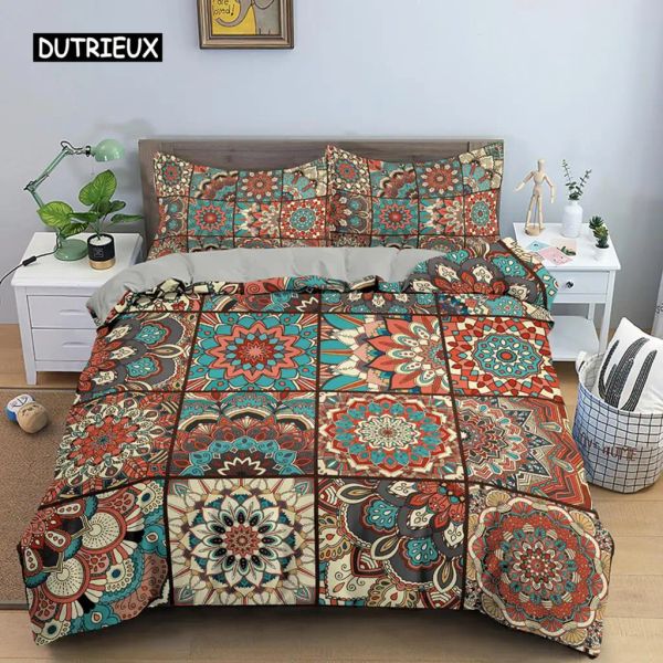 Ensemble de couette bohème de style bohème géométrique Mandala et de style ethnique de style Double Queen King Size avec une taie d'oreiller Décoration de chambre à coucher rideaux transparents