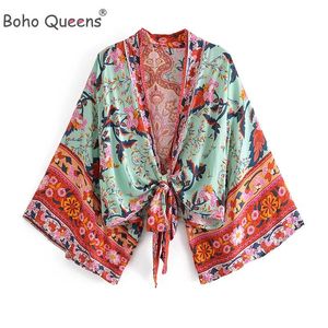 Set Boho Queens Floral Print Sashes Korte Kimono Dames Nieuwe Fashion V Neck Batwing Sheeves Ladies Beach Bikini Coverups