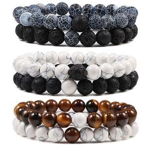 Set Bracelet Couples Distance Black White Natural Lava Stone Tiger Eye Beaded Yoga Bracelets for Men Women Elastic Bracelet Jewelry 8mm