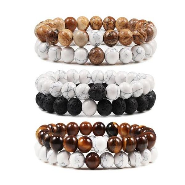 Ensemble Bracelet Couples Distance Noir Blanc Pierre De Lave Naturelle Oeil De Tigre Perlé Yoga Bracelets pour Hommes Femmes Corde Élastique Bijoux GC1043