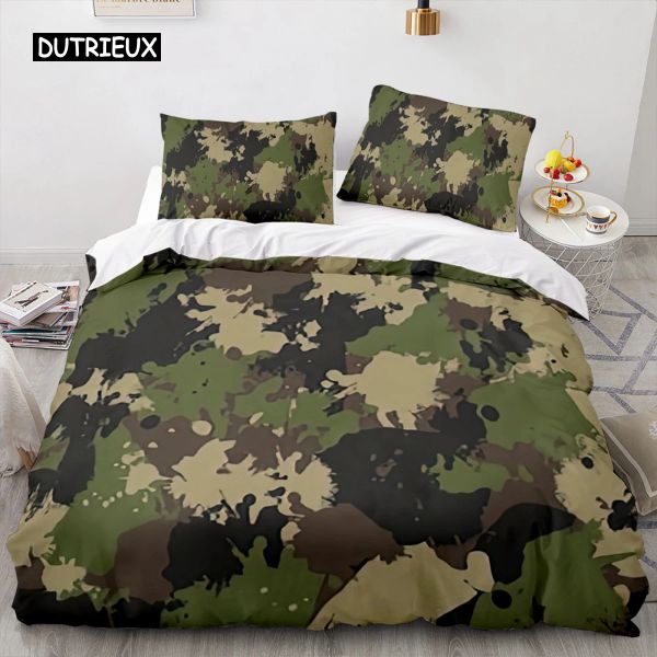 Ensemble de literie de camouflage Ensemble de couette abstraite Cover Green Jungle Comfort Cover Camouflage pour les adolescents Boys Chambre pour adultes Décorations Home Curtains transparents