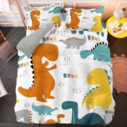 Ensemble de literie de dinosaure de dessin animé (2 / 3pcs) mignon de couverture de couette avec taie d'oreiller à double taille de lit de lit pour enfants pour enfants rideaux transparents