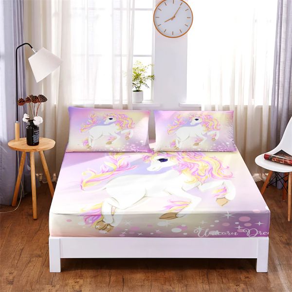 Ensemble de draps de lit licorne pour fille, 3 pièces, drap-housse solide en Polyester, housse de matelas aux quatre coins avec bande élastique, ensemble de literie