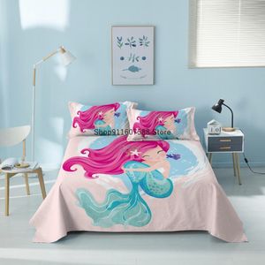 Ensemble de draps de lit sirène de dessin animé, draps de chambre à coucher pour enfants filles avec taie d'oreiller, drap plat imprimé 3D, couvre-lit King Twin taille unique