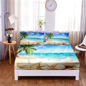 Ensemble de 3 pièces en Polyester, drap-housse solide, housse de matelas aux quatre coins avec drap de lit à bande élastique (2 taies d'oreiller), cocotier plage