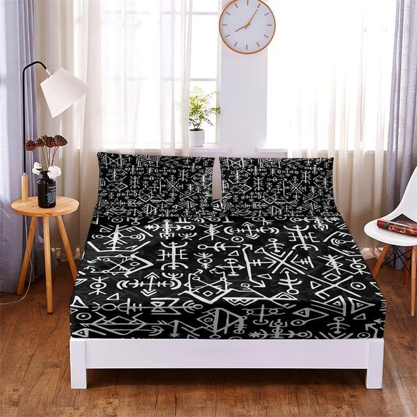 Ensemble de 3 draps-housses en polyester uni à motif noir créatif, housse de matelas aux quatre coins avec drap de lit à bande élastique (2 taies d'oreiller)