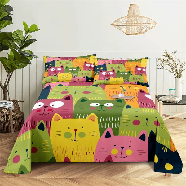 Juego de sábanas de cama con estampado Digital de gato bonito, Sábana plana de poliéster con funda de almohada, 0,9/1,2/1,5/1,8/2,0 m