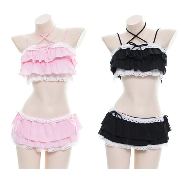 Conjunto de Bikini con volantes de Lolita para mujer, traje de baño de Color rosa y negro, traje de baño multicapa ahuecado con dobladillo, Sukumizu, Cosplay