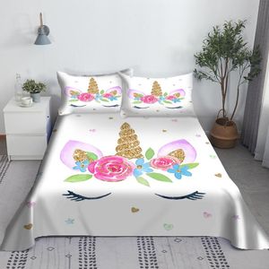 Set Leuke Eenhoorn Laken Set 3D Gedrukt Cartoon Bed Platte Laken Met Kussensloop Cadeaus Voor Kinderen Koning Full Twin size Groothandel