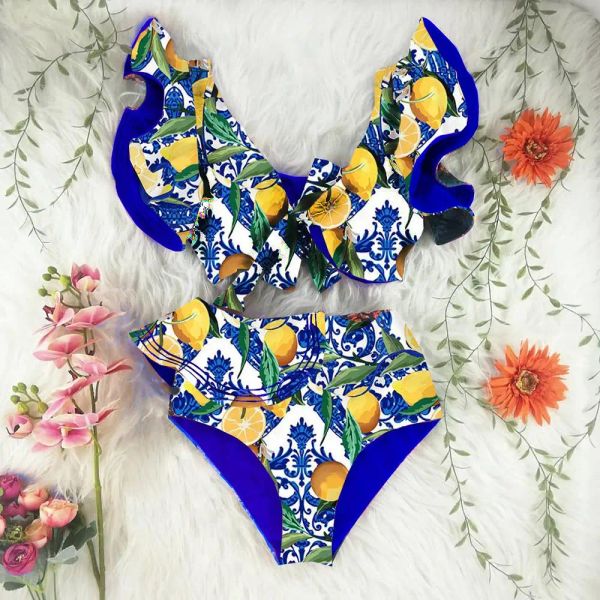 Set Delft Blue Ruffle Lemon Bikini Triangle Micro Bikinis Sexy Low Wiston Femmes de bain à cordes