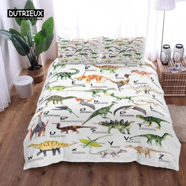 Ensemble de couvercles de couette en couvre-housse de couette pour les alphabets de dinosaures, ensemble de literie de mode, couverture de couette respirante confortable douce et rideaux transparents