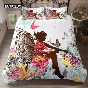 Set Fairy Duddor Cover Set Music Flower Butterfly Lindo edredón de colchas Estilo de dibujos animados Double Queen King Size Cortinas transparentes