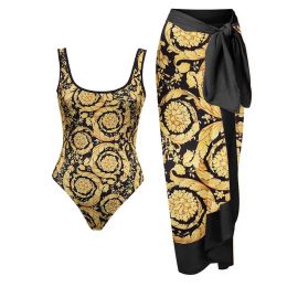 Set Fashion Gold Print Crew Neck Maignement Feminin One Piece Slim Bikini Luxurious Colorblock Beach Suit Chic Elegant Strap Cover Up