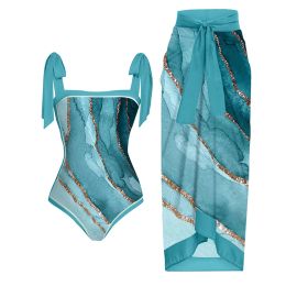 Set Mode Marmeren Rimpel Print Bikini Pak Sexy Hoge Taille Band Eendelig Badpak Vrouwen Elegante Cover Up Naadloze Stiksels