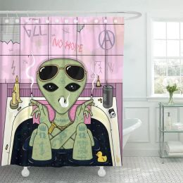 Zet grappige alien cartoon waterdichte douchegordijn trippy glazen polyester 3d badkamer gordijnen voor meisjes jongens thuis badkuip decor