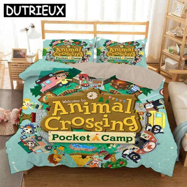 Set Game Animal Crossing 3D Lit de litière imprimée Ensemble de literie de couette caricature Cartoon Giant Counter Lit Lit Lit Lit (pas de feuille) Curtains transparents