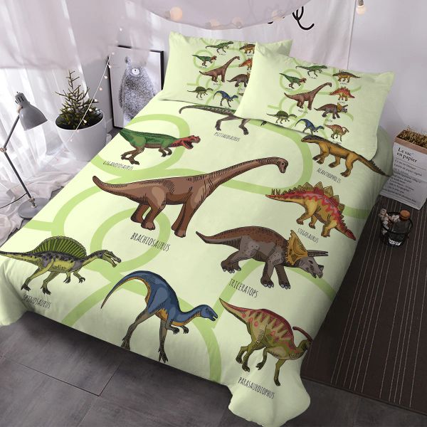 Réglage des lignes vertes et des dinosaures Ensemble de literie de conception décorative Couverture de couette de 3 pièces avec 2 puits d'oreiller rideaux transparents