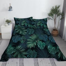 Ensemble de draps de lit à feuilles tropicales vertes, drap plat imprimé en 3D avec housse d'oreiller, en Polyester doux, taille double, vente en gros