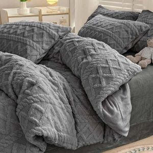 Set Grey King Size Coupter Cover Set 3pc, 1 Farmhouse Farmhouse Fuzzy Tufted Plux Shaggy Quilt Cover avec fermeture à fermeture éclair 2 taies d'oreiller rideaux