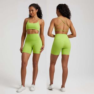 Set Gym Align Lu Workout Yoga Training Femmes Sports Sports Suisse High Waist Short Legging and Cross Fiess Bra 2pcs avec poitrine Pad Pad Lemon Gym en cours d'exécution