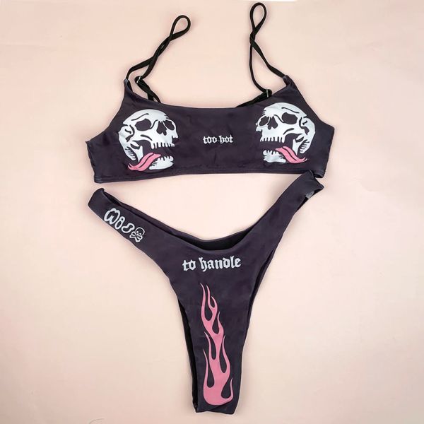 Conjunto de Bikini gótico de Halloween para mujer y niña, Tops con calaveras negras, traje de Tanga con estampado de letras, ropa interior Sexy de cintura alta