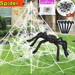 Ensemble, nouvelle toile d'araignée d'Halloween, simulation de filet triangulaire super grande araignée en peluche, accessoires de décoration intérieure et extérieure, décor de scène, décor de bureaux, décor d'Halloween