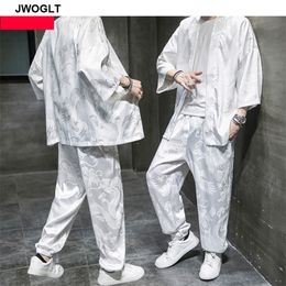 Ensemble Harajuku Japon Hommes Survêtement Ouvert Stich Tops Dragon Motif Cordon Taille Pantalon Lâche Costume Noir Blanc Sportwear LJ201125