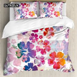 Ensemble de couverture de couette hawaïenne Ensemble d'île florale exotique thème Tropical Hawaii Flowers Modèle Polyester Liberter Double Queen King Size Sheer Rideaux