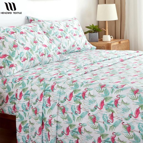 Ensemble Hengwei – ensemble de draps, drap-housse, drap plat, taie d'oreiller, King Size, motif flamant rose, couvre-lit, 4 pièces, ensemble de literie rafraîchissant pour couple