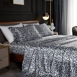 Ensemble HENGWEI draps ensemble reine drap plat drap housse taie d'oreiller Satin blanc imprimé léopard linge pour lit ensemble de literie d'été
