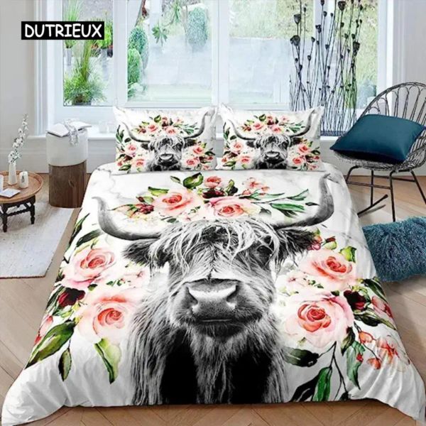 Set Highland Cow Flower Coup de couette King Size Bull Bods Litteur Set Western Funny Animal Couperter Set Wildlife Farmhouse Sheer Curtains