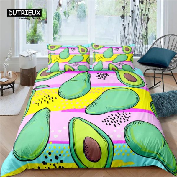 Set Home Living Living Luxury 3D Colorful Avocado Liberding Ensemble de couette confortable Ensemble de couverture d'enfants pour enfants Queen et King EU / US / AU / UK Taille des rideaux transparents