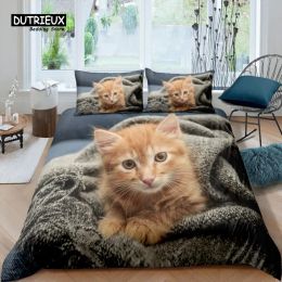 Set Home Living Luxury 3d Pet Cat Beddengoed Set Orange Cat dekbedoverkuipkussencase Queen en King Eu/US/Au/UK Size Fallter Bedding Sheer Curtains