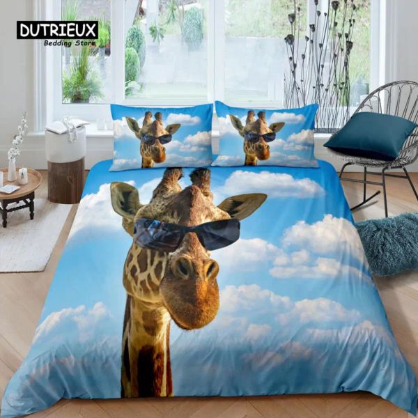 Retter à la maison Living Luxury 3D Print Girafe Liberding Set Sky Cloud Coup de couvre-oreiller Reine et King EU / US / AU TIME DE TAILLE POLOSEST