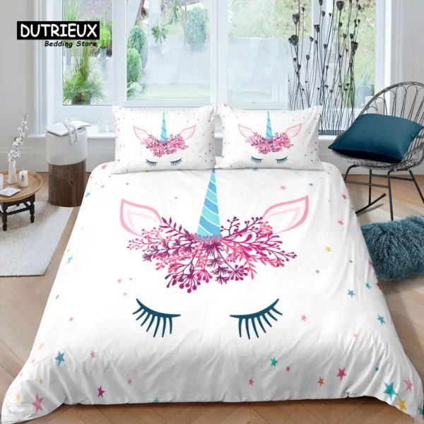 Retter Home Living Living Luxury 3D Unicorn Star Liberding Set Coutte de couverture d'oreiller tai-oreiller Ensemble de literie Queen et King EU / US / AU / UK Taille des rideaux transparents