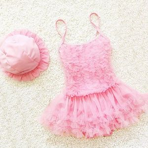 Set Hot Koop Leuke Baby Meisjes Badmode Roze Prinses Strand Badpak Garen Eendelig Badpak + cap