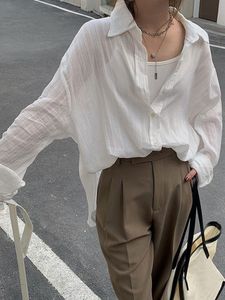 Ensemble Houzhou blanc femme Blouses basique mode Chic chemises surdimensionnées femme Vintage coréen à manches longues urbain Transparent Cardigan