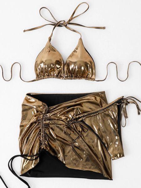 Set Lady's 2023 Summer Hot 3 Pcs Suit en cuir Gold de maillot de bain brillant brillant Brésilien avec une mini jupe ruched