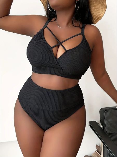 Set de grande taille bikini sexy women maillot de bain 2023 Nouveau cou couche V plus taille plus taille de maillot de bain l'été